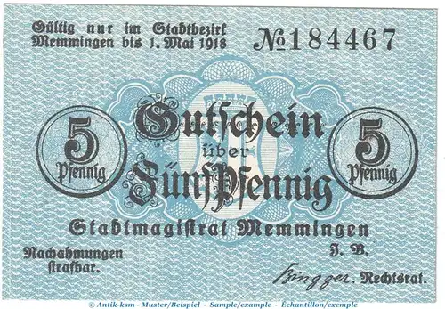 Notgeld Stadt Memmingen , 5 Pfennig Schein in kfr. Tieste 4495.05.01 o.D. Bayern Verkehrsausgabe
