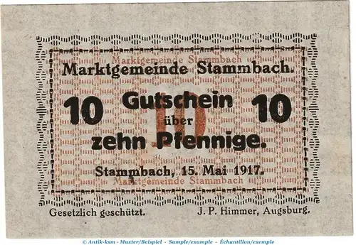 Notgeld Marktgemeinde Stammbach , 10 Pfennig Schein in kfr. Tieste 7070.05.15 von 1917 , Bayern Verkehrsausgabe