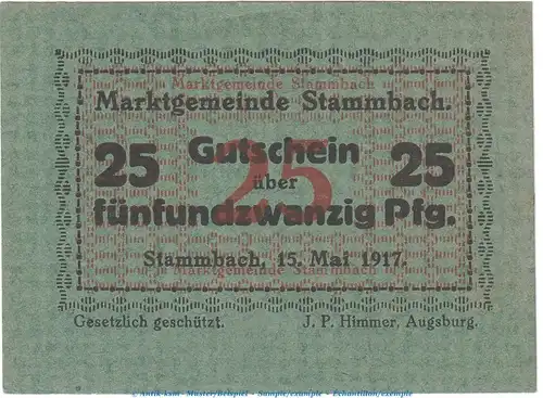 Notgeld Marktgemeinde Stammbach , 25 Pfennig Schein in kfr. Tieste 7070.05.04 von 1917 , Bayern Verkehrsausgabe