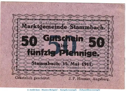 Notgeld Marktgemeinde Stammbach , 50 Pfennig Schein in kfr. Tieste 7070.05.30 von 1917 , Bayern Verkehrsausgabe