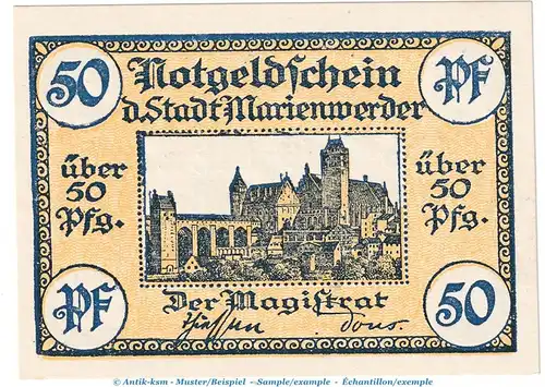 Notgeld Stadt Marienwerder , 50 Pfennig Schein in kfr. Tieste 4390.15.07 o.D. Westpreussen Verkehrsausgabe