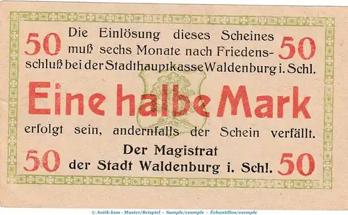 Notgeld Stadt Waldenburg 7660.15.095 , 1 halbe Mark Schein in kfr. o.D. Schlesien Verkehrsausgabe