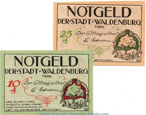 Notgeld Stadt Waldenburg 7660.15.180-181 , Set mit 2 Scheinen in kfr. o.D. Schlesien Verkehrsausgabe