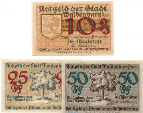 Notgeld Stadt Waldenburg 7660.15.195-197 , Set mit 3 Scheinen in kfr. von 1920 , Schlesien Verkehrsausgabe