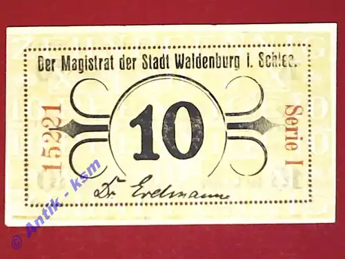 Notgeld Waldenburg , Schlesien , vollständiger Satz mit 1 Schein 10 Pfennig  , Verkehrsausgabe , Grabowski W3.4 a