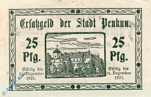 Notgeld Penkun , 25 Pfennig Schein , kl. Wertzahl , Tieste 5555.05.05 , von 1920 , Pommern Verkehrsausgabe