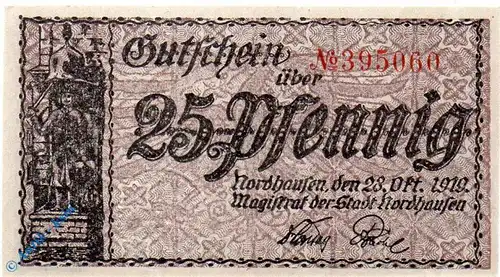 Notgeld Nordhausen , 25 Pfennig Schein , mit Udr , Tieste 517505.35 , von 1919 , Sachsen Verkehrsausgabe