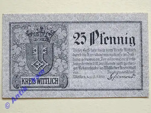 Notgeld Wittlich , Rheinland , Einzelschein über 25 Pfennig , Tieste 8030.01 , von 1919 , Verkehrsausgabe