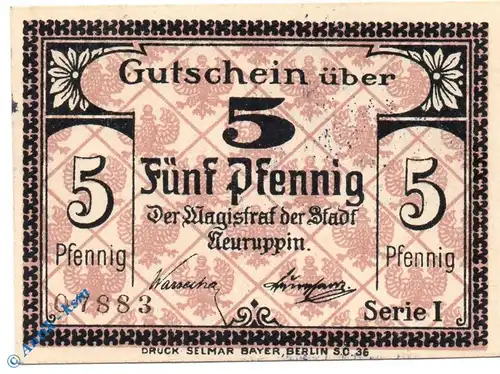 Notgeld Neuruppin , 5 Pfennig Schein Kartonpapier , Tieste 4925.10.01 , Brandenburg Verkehrsausgabe