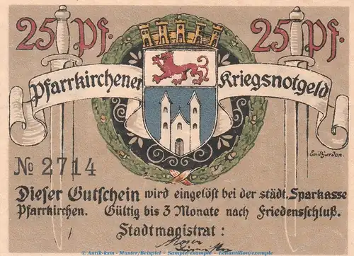 Notgeld Stadt Pfarrkirchen , 25 Pfennig Schein in kfr. Tieste 5580.10.01 o.D. Bayern Verkehrsausgabe