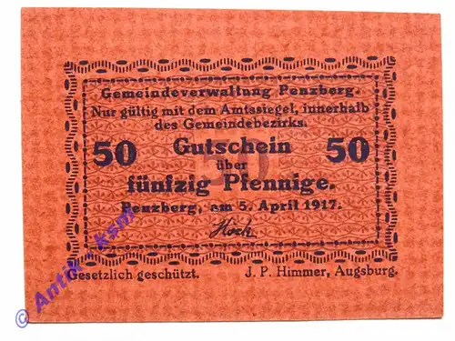 Notgeld Penzberg , Bayern , Einzelschein über 50 Pfennig , Tieste 5560.06 , von 1917 , Verkehrsausgabe