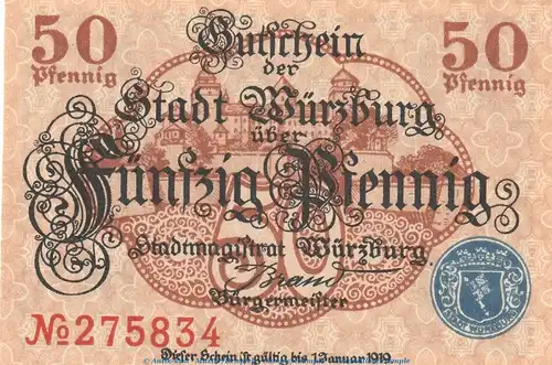 Notgeld Stadt Würzburg , 50 Pfennig Schein in kfr. Tieste 8130..05.15 o.D. Bayern Verkehrsausgabe