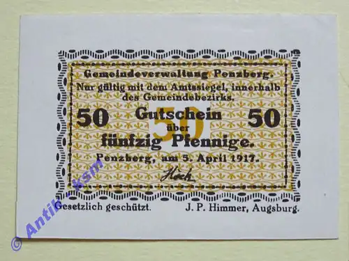 Notgeld Penzberg , Bayern , Einzelschein über 50 Pfennig , Tieste 5560.17.D , von 1917 , Verkehrsausgabe