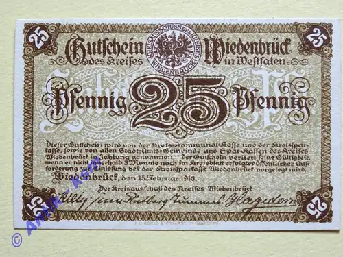 Notgeld Wiedenbrück , Westfalen , Einzelschein über 25 Pfennig , Tieste 7895.02 , von 1918 , Verkehrsausgabe