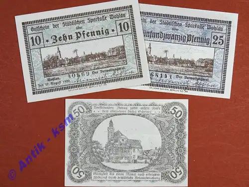 Notgeld Wohlau , kompletter Satz mit 3 Scheinen , Tieste 8050.01 - 03 , von 1920 , Schlesien Verkehrsausgabe