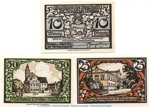 Notgeld Stadt Wohlau 8050.05.05-07 , Set mit 3 Scheinen in kfr. von 1921 , Schlesien Verkehrsausgabe