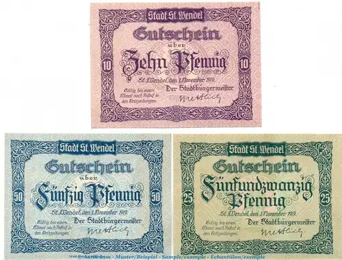 Notgeld Stadt St. Wendel 6420.05.01-03 , Set mit 3 Scheinen in kfr. von 1919 , Rheinland Verkehrsausgabe