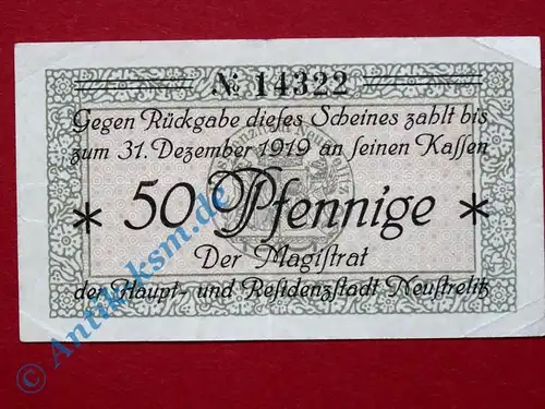 Notgeld Neustrelitz , Einzelschein über 50 Pfennig , Tieste 5005.01 , Mecklenburg Verkehrsausgabe