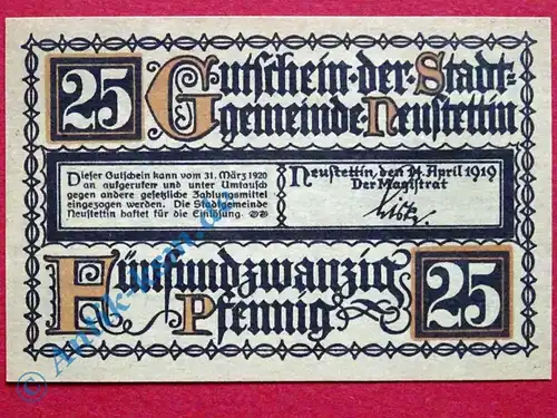 Notgeld Neustettin , Einzelschein über 25 Pfennig , Tieste 5000.01 , von 1919 , Pommern Verkehrsausgabe