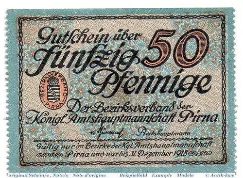 Pirna , Notgeld 50 Pfennig -gezähnt- in kfr. Tieste 5620.05.02 , Sachsen o.D. Verkehrsausgabe