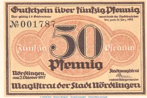 Nördlingen , Notgeld 50 Pfennig Schein -o.Wz- in kfr. Tieste 5140.05.01 , Bayern 1917 Verkehrsausgabe