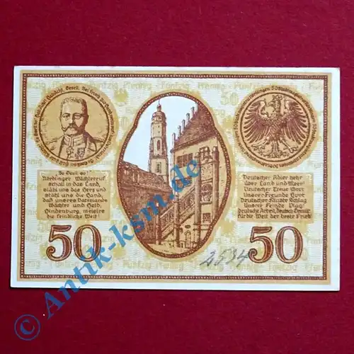 Notgeld Nördlingen , Schein über 50 Pfennig , Tieste 5140.01.3 , von 1917 , Bayern Verkehrsausgabe