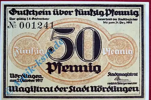 Notgeld Nördlingen , Schein über 50 Pfennig , Tieste 5140.01.3 , von 1917 , Bayern Verkehrsausgabe