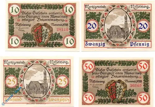 Notgeld Nesselwang , Satz mit 4 Scheinen , Tieste 4800.25 bis 28 , von 1918 , Bayern Verkehrsausgabe