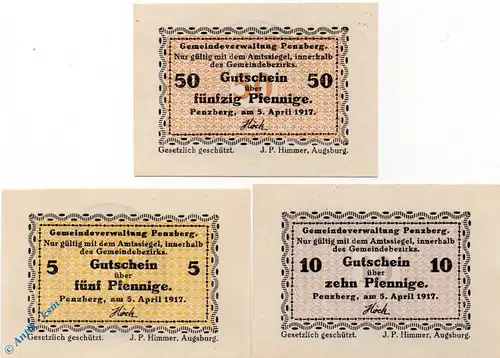 Notgeld Penzberg , Set mit 3 Scheinen , Tieste 5560.05.15 bis 17 , von 1917 , Bayern Verkehrsausgabe