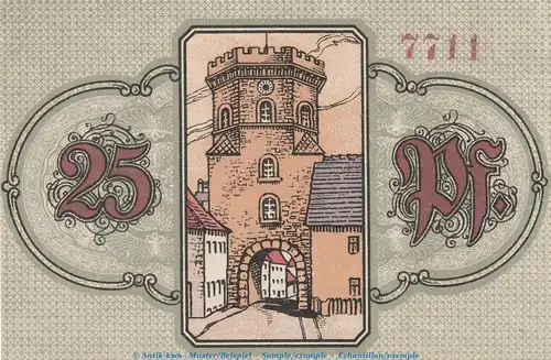 Notgeld Stadt Wunsiedel , 25 Pfennig -Stadttor- in kfr. Tieste 8140.05.06 von 1918 , Bayern Verkehrsausgabe