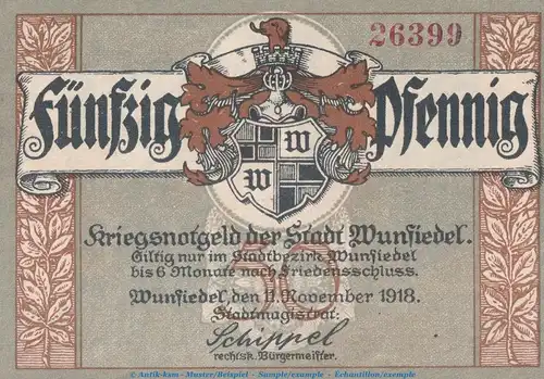 Notgeld Stadt Wunsiedel , 50 Pfennig -Reiter- in kfr. Tieste 8140.05.07 von 1918 , Bayern Verkehrsausgabe