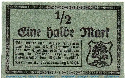 Notgeld der Stadt Waldenburg , 1 halbe Mark Schein WZ 58 mm , Tieste 7660.15.002 , o.D.  Schlesien Verkehrsausgabe