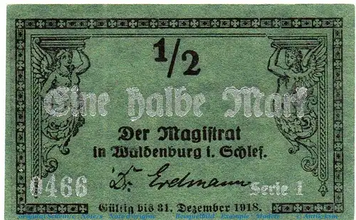 Notgeld der Stadt Waldenburg , 1 halbe Mark Schein WZ 58 mm , Tieste 7660.15.002 , o.D.  Schlesien Verkehrsausgabe