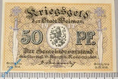Notgeld Weimar , 50 Pfennig Schein , Kartonpapier , Tieste 7775.15.01.1 , von 1917 , Sachsen Verkehrsausgabe