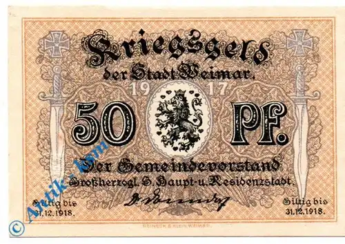 Notgeld Weimar , 50 Pfennig Schein , Tieste 7775.15.05 , von 1920 , Sachsen Verkehrsausgabe