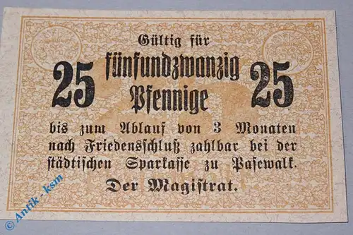 Notgeld Pasewalk , 25 Pfennig Schein , gefasert , Tieste 5505.05.05 , von 1917 , Pommern Verkehrsausgabe