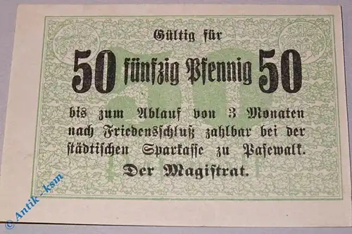 Notgeld Pasewalk , 50 Pfennig Schein , weißes Papier , Tieste 5505.05.02 , von 1917 , Pommern Verkehrsausgabe