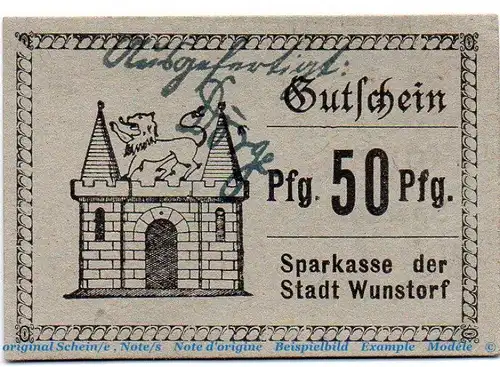 Notgeld Sparkasse Wunstorf 8145.15.13 , 50 Pfennig Schein in kfr. o.D. , Niedersachsen Verkehrsausgabe