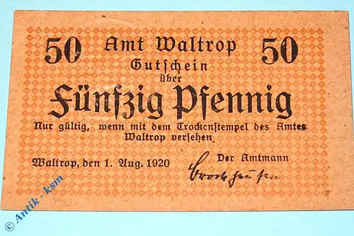 Waltrop , Notgeld 50 Pfennig Schein in kfr. Tieste 7690.05.10 , Westfalen 1920 Verkehrsausgabe