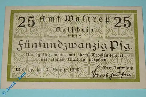 Waltrop , Notgeld 25 Pfennig Schein in kfr. Tieste 7690.05.35 , Westfalen 1920 Verkehrsausgabe