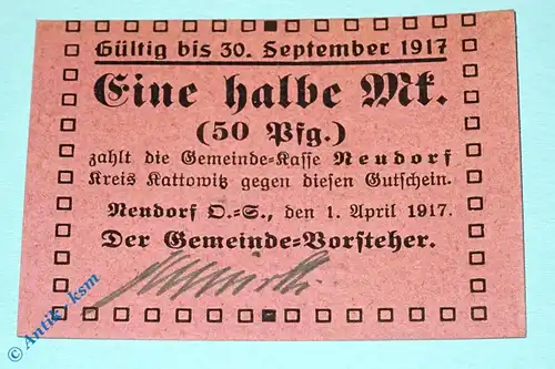 Notgeld Neudorf , 0,5 Mark Schein , Tieste 4845.05.12 , von 1917 , Oberschlesien Verkehrsausgabe