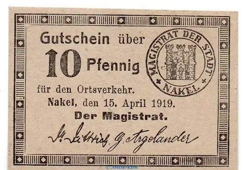 Notgeld Stadt Nakel , 10 Pfennig Schein in kfr. Tieste 4750.05.45 von 1919 , Posen Verkehrsausgabe