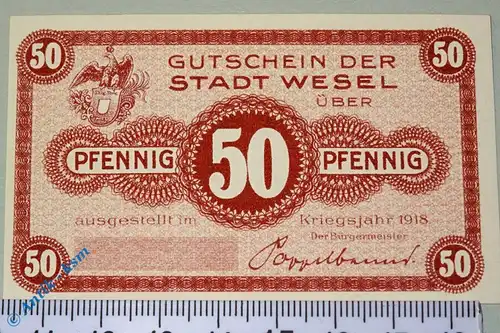 Notgeld Wesel , 50 Pfennig Musterschein Ohne Kennummer , Tieste 7840.05.06.M , von 1918 , Rheinland Verkehrsausgabe