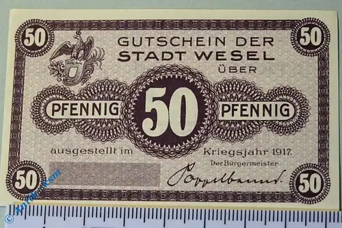 Notgeld Wesel , 50 Pfennig Musterschein Ohne Kennummer , Tieste 7840.05.02.M , von 1917 , Rheinland Verkehrsausgabe