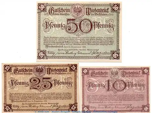 Notgeld Stadt Wiedenbrück 7895.05.05-07 , Set mit 3 Scheinen in kfr. von 1918 , Westfalen Verkehrsausgabe