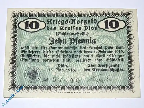 Notgeld Plön , 10 Pfennig Schein , Tieste 5680.05.01 , von 1918 , Schleswig Holstein Verkehrsausgabe