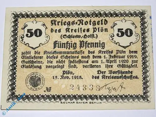 Notgeld Plön , 50 Pfennig Schein , Tieste 5680.05.02 , von 1918 , Schleswig Holstein Verkehrsausgabe