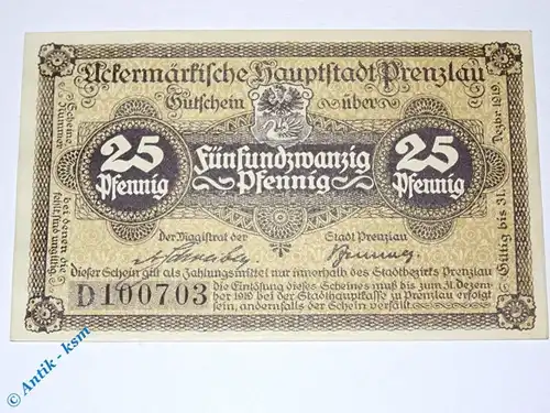 Prenzlau Tieste 5755.10.20 , Notgeld 25 Pfennig Schein D in kfr. o.D. Brandenburg Verkehrsausgabe