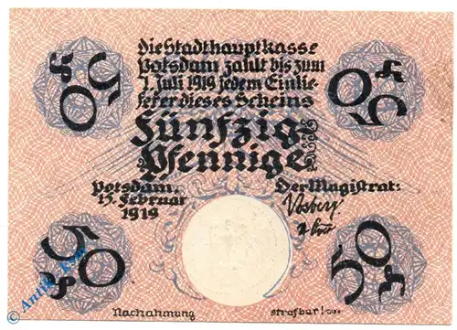 Notgeld Potsdam , 50 Pfennig Schein , Tieste 5730.10.05 , von 1919 , Brandenburg Verkehrsausgabe