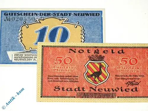 Vorlage NGNotgeld Neuwied , Set mit 2 Scheinen , Tieste 5025.10.15 und 25 , von 1919 + 21 , Rheinland Verkehrsausgabe